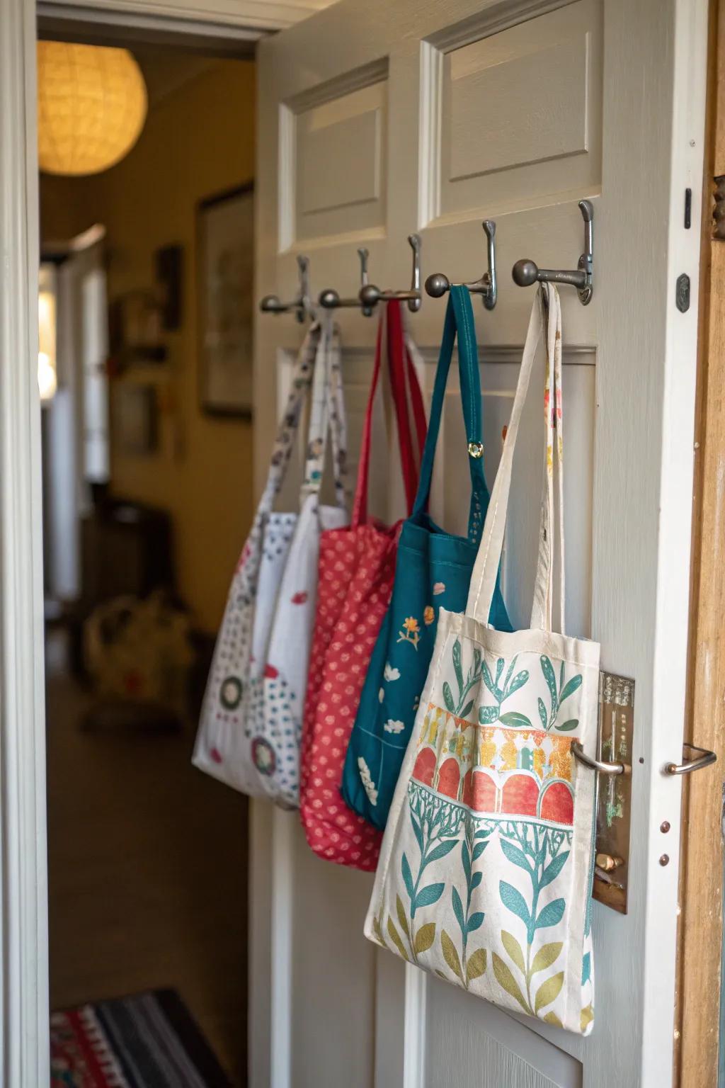 Over-the-door hooks make vertical space useful for tote storage.