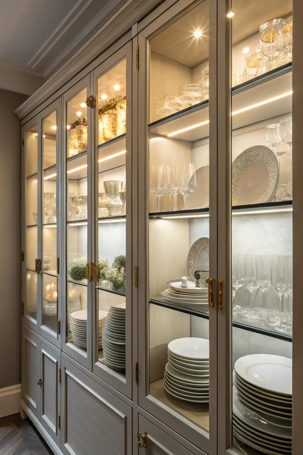 Subtle lighting amplifying the allure of the glass cabinet's contents.