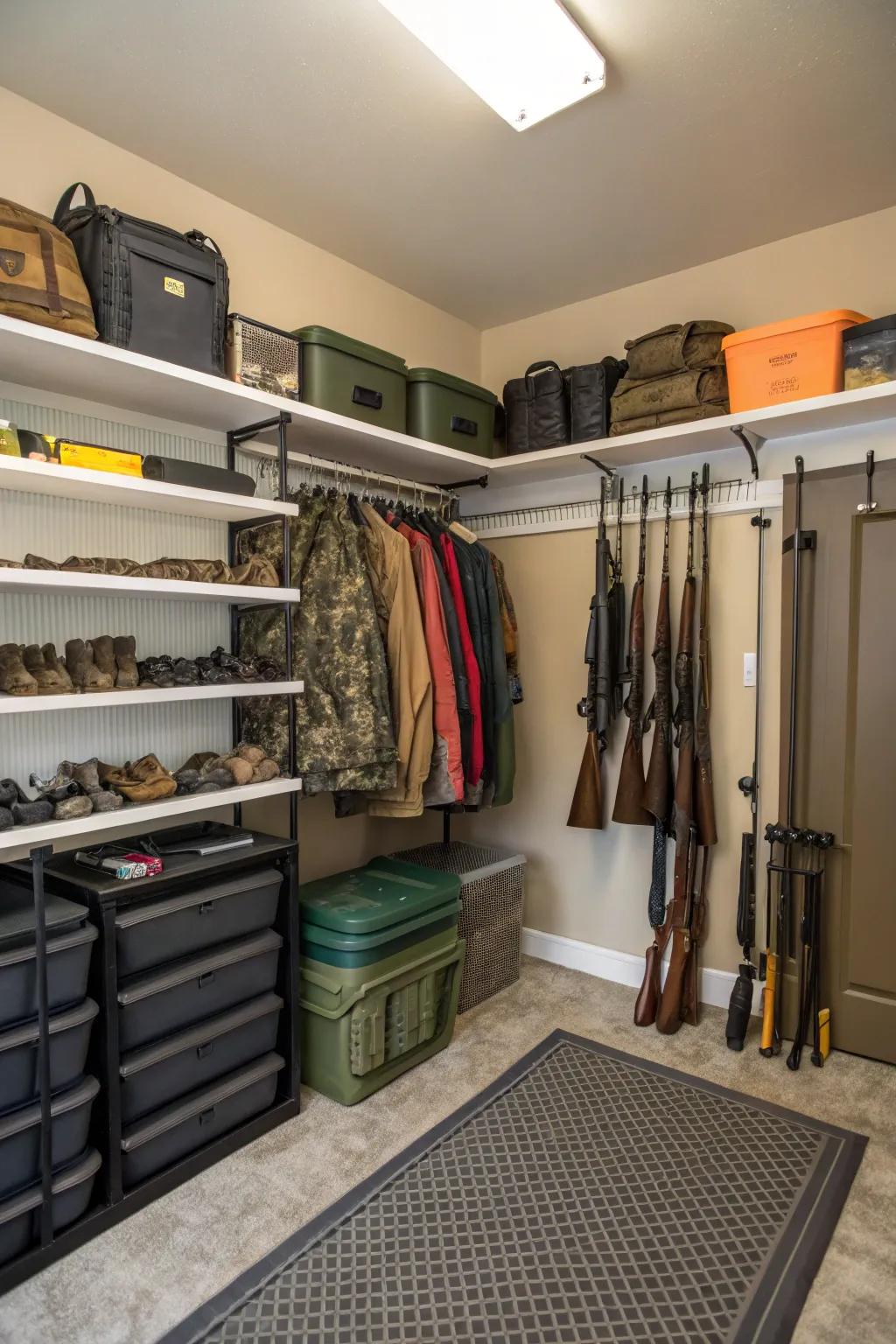 A spare room dedicated to hunting gear ensures everything is consolidated in one place.