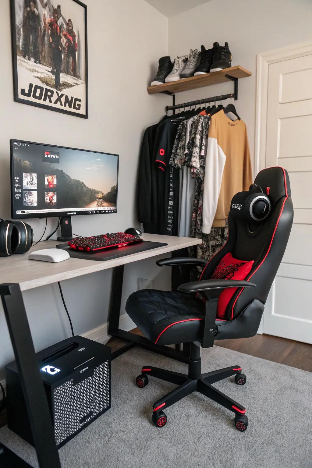 A gaming setup integrating technology with streetwear style.