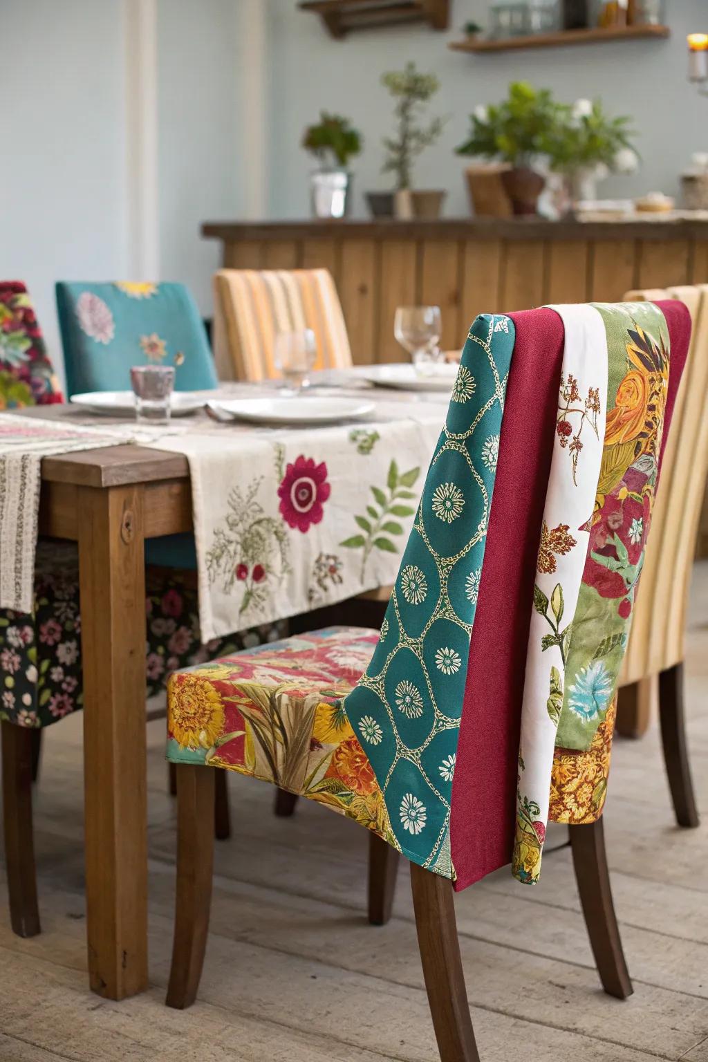 DIY creativity with draped textile chair wraps.