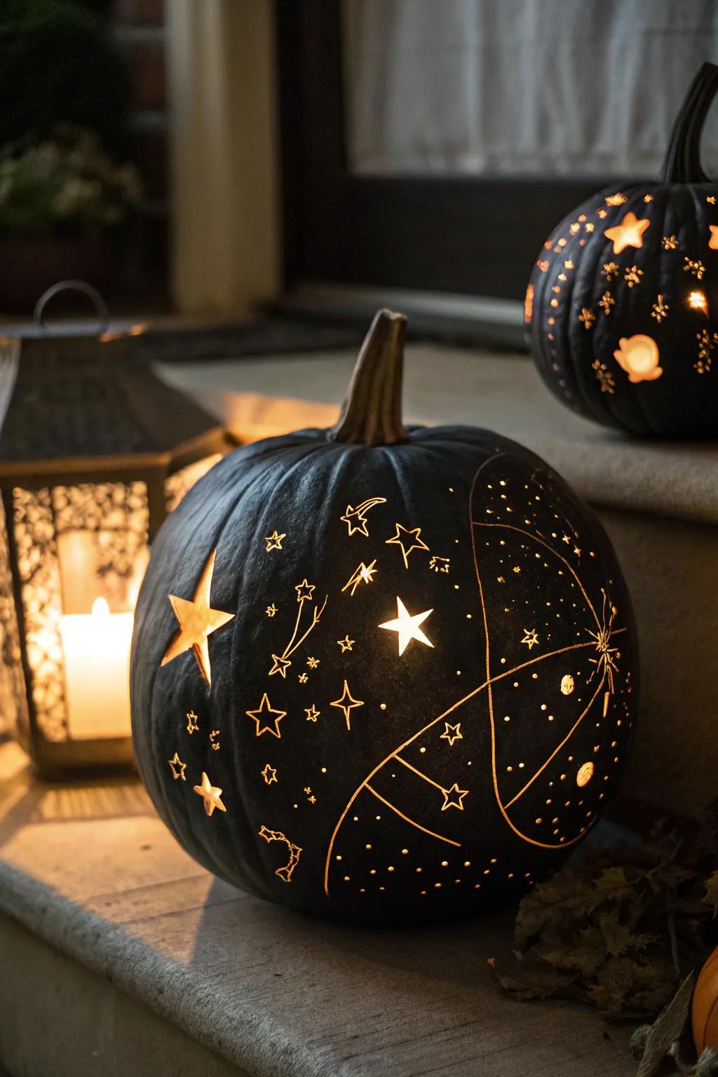 A constellation-carved pumpkin that lights up with a celestial charm.