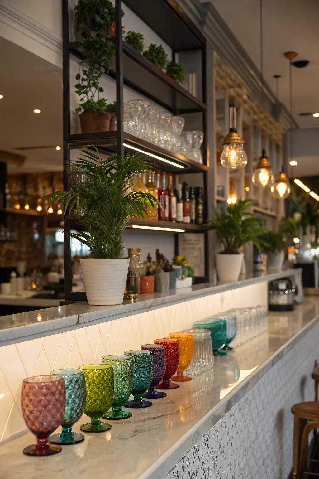 Open shelving enriches your bar with both flair and practicality.