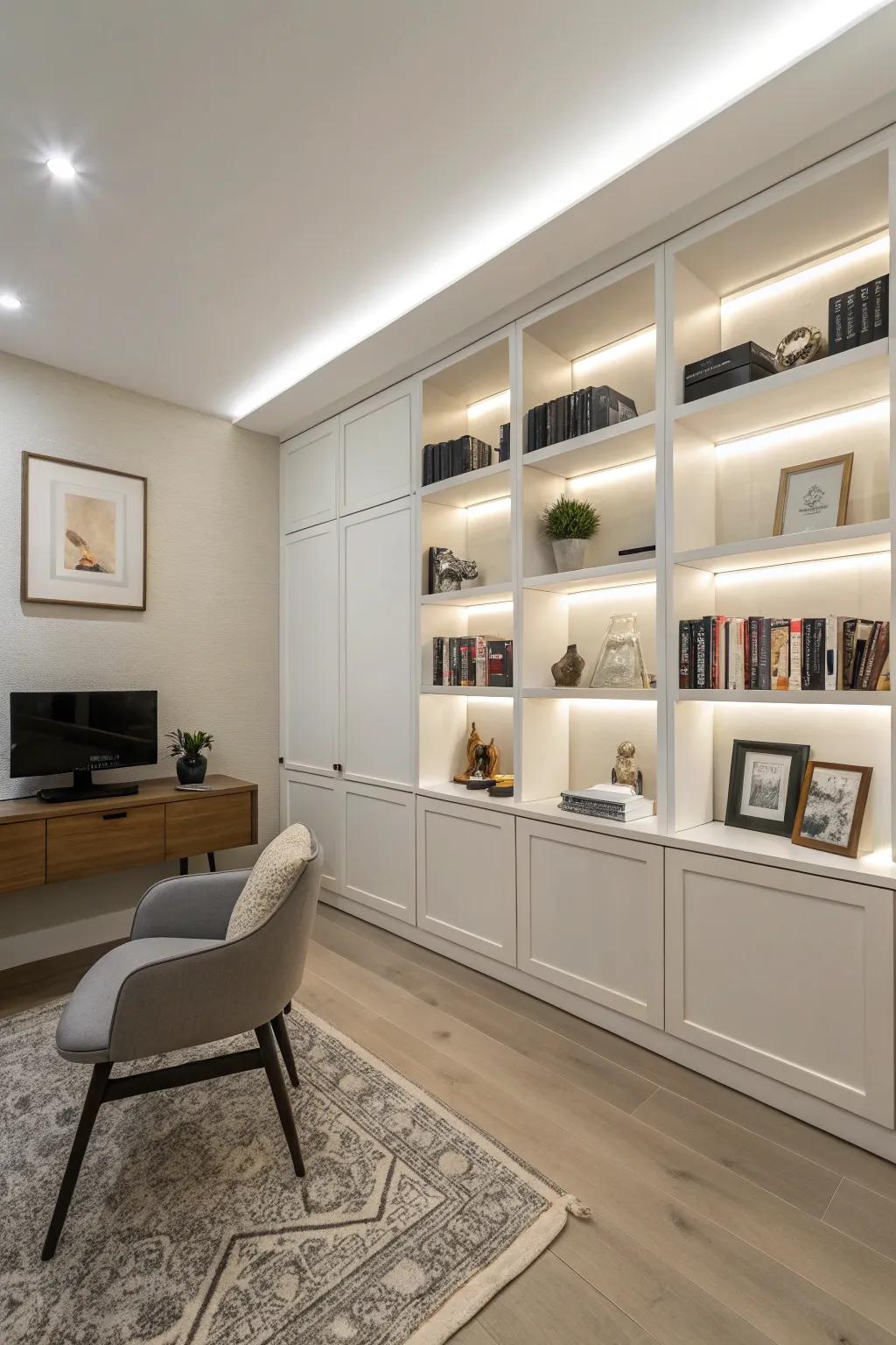 Streamlined recessed shelves offer a minimalist and contemporary touch.