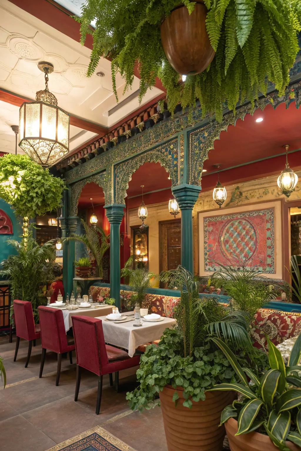 Decorative plants adding a touch of nature to an Indian restaurant.