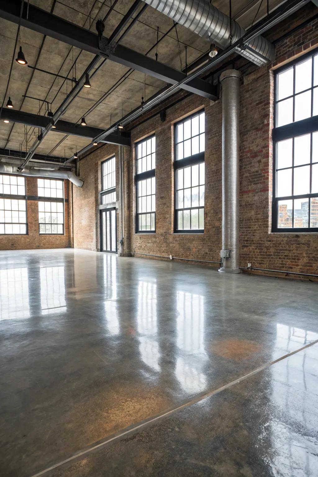 A metallic glaze on a concrete floor gives this loft space a modern industrial edge.