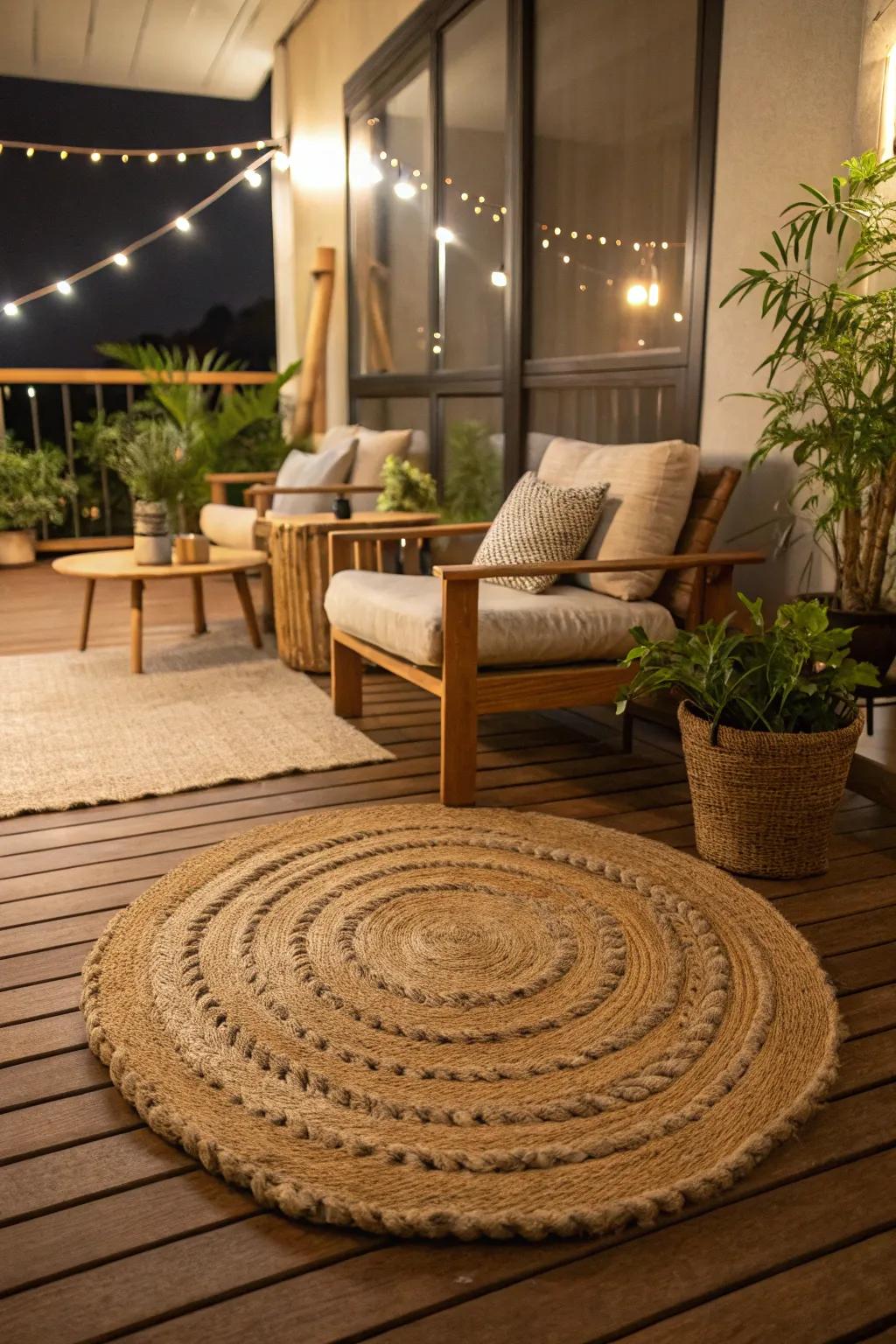 A soft rug adds warmth and texture to this indoor deck.