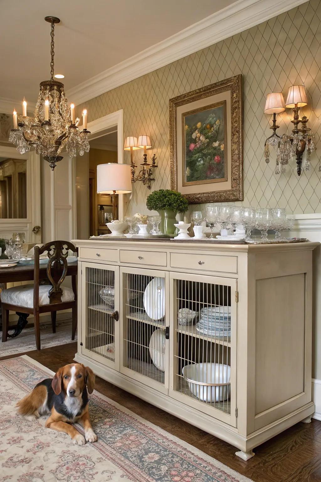 Dining decor meets pet comfort with a sideboard dog house.