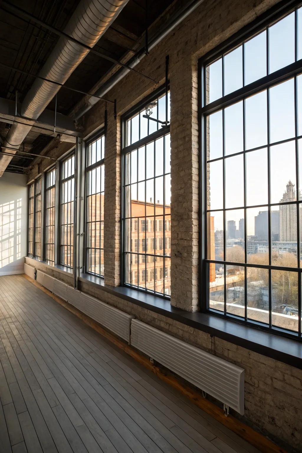 Expansive windows amplify the airy feel of this industrial space.