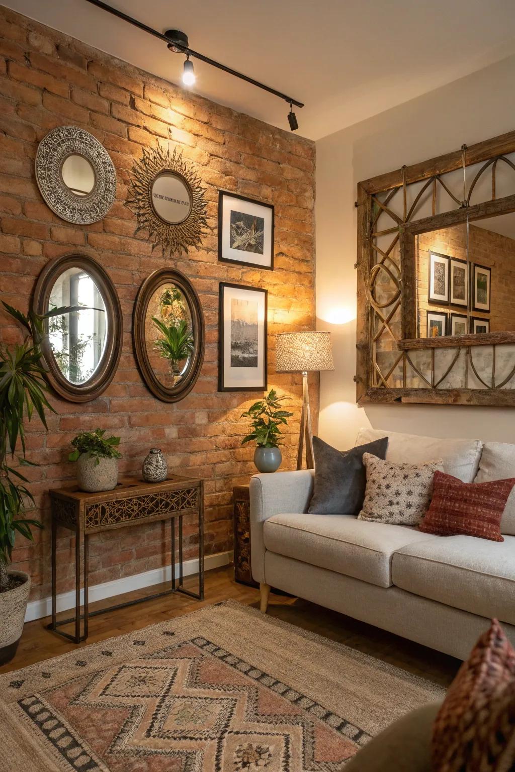 A brick wall adorned with artistic decor elements, creating a unique and stylish focal point.