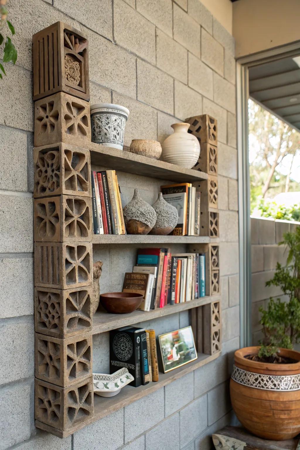 Sculptural shelves on a cinder block wall serve as a stylish display.