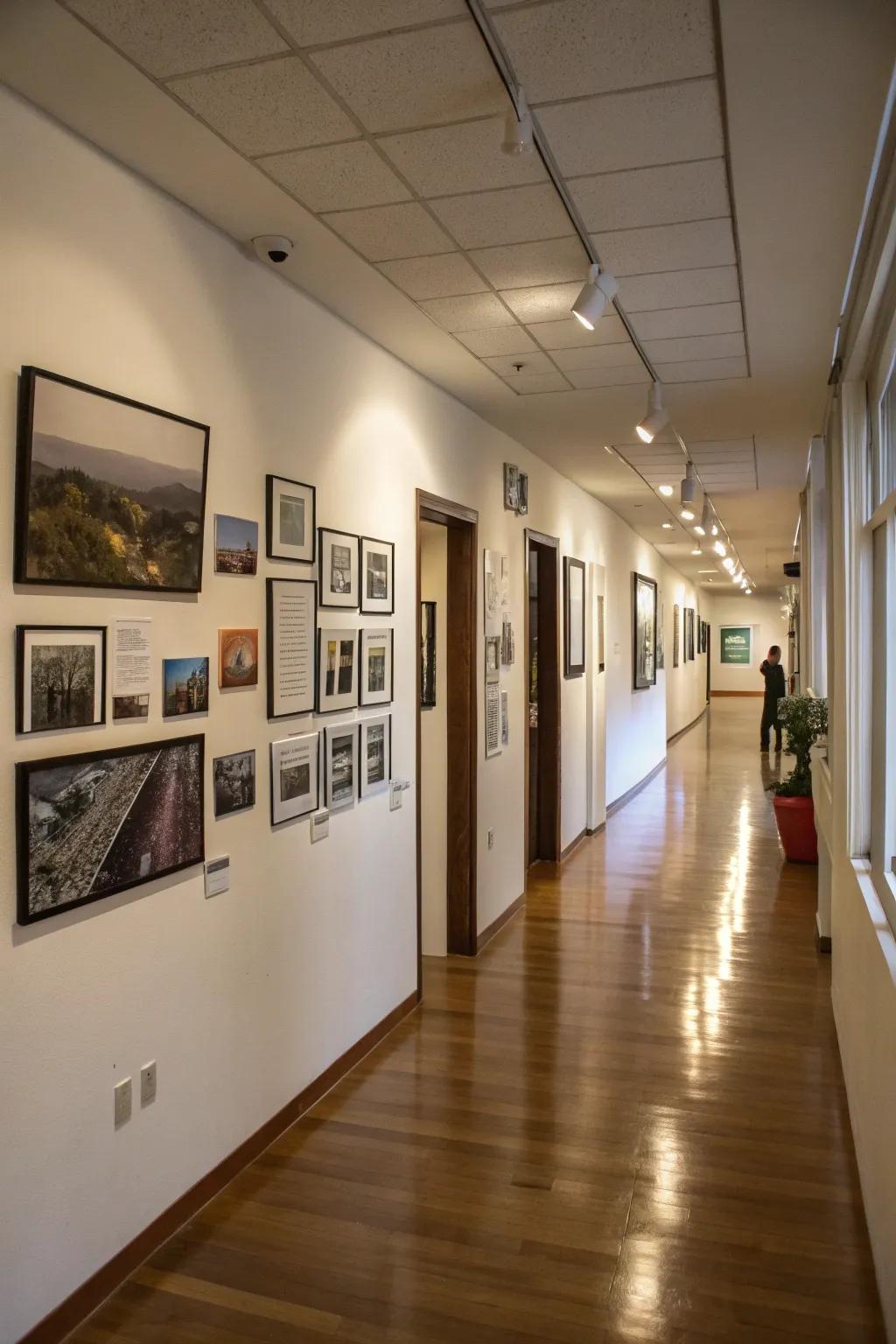 A gallery wall turns a hallway into a personal art exhibit.