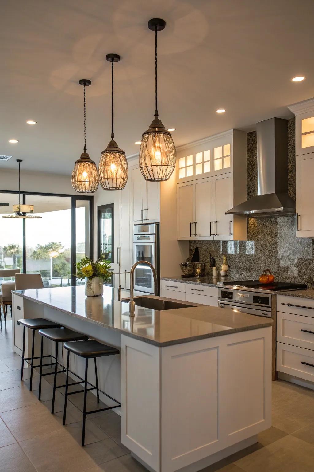 Pendant lights supplementing aesthetics and practicality to a kitchen island.