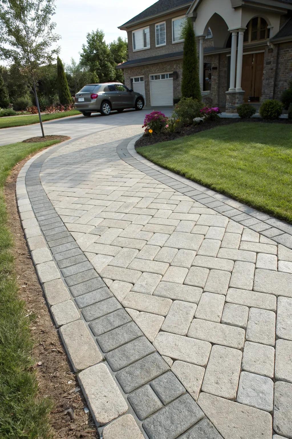A unified layout featuring modular paving from entryway to driveway.