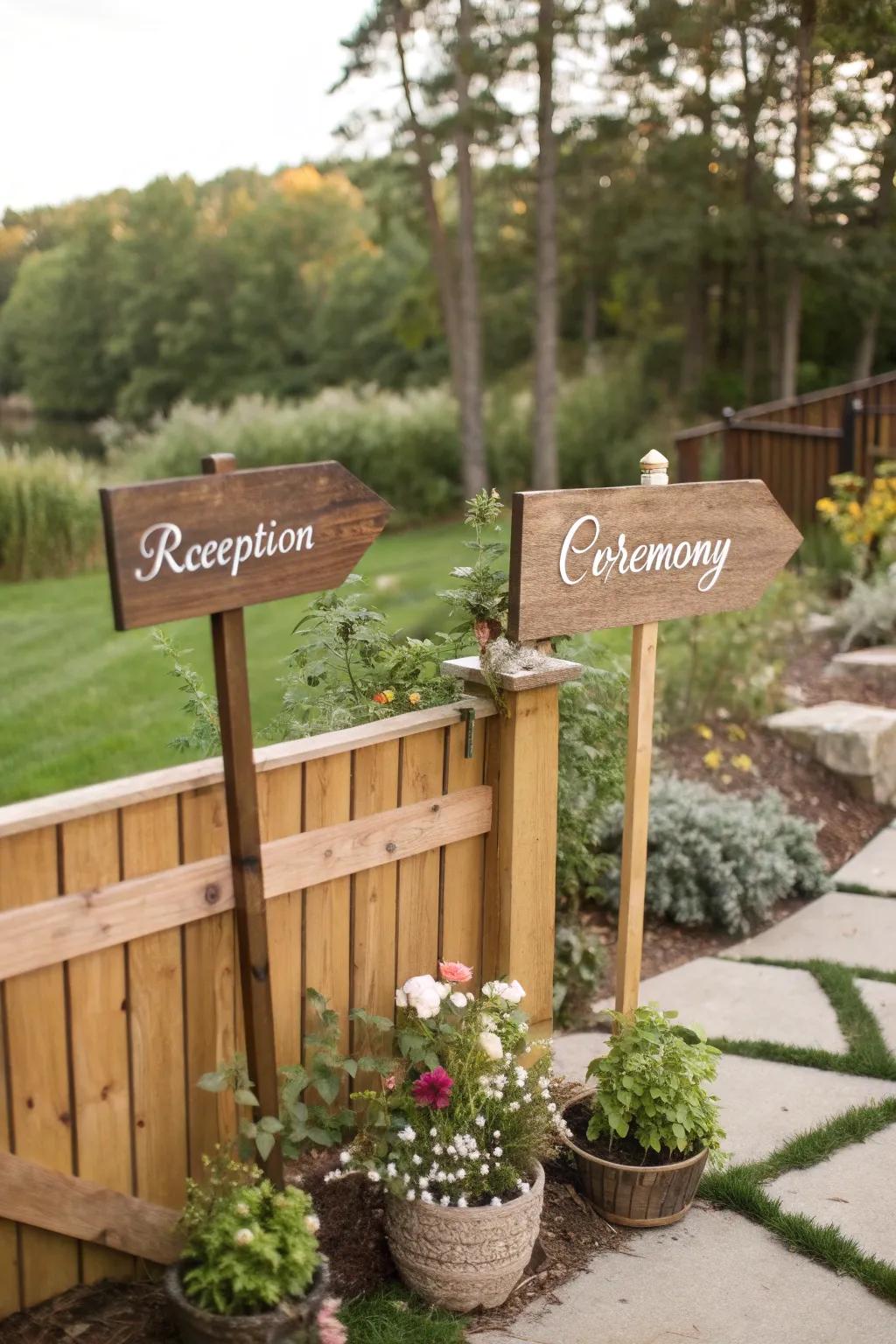 Personalized signage adds a unique touch to a backyard wedding.