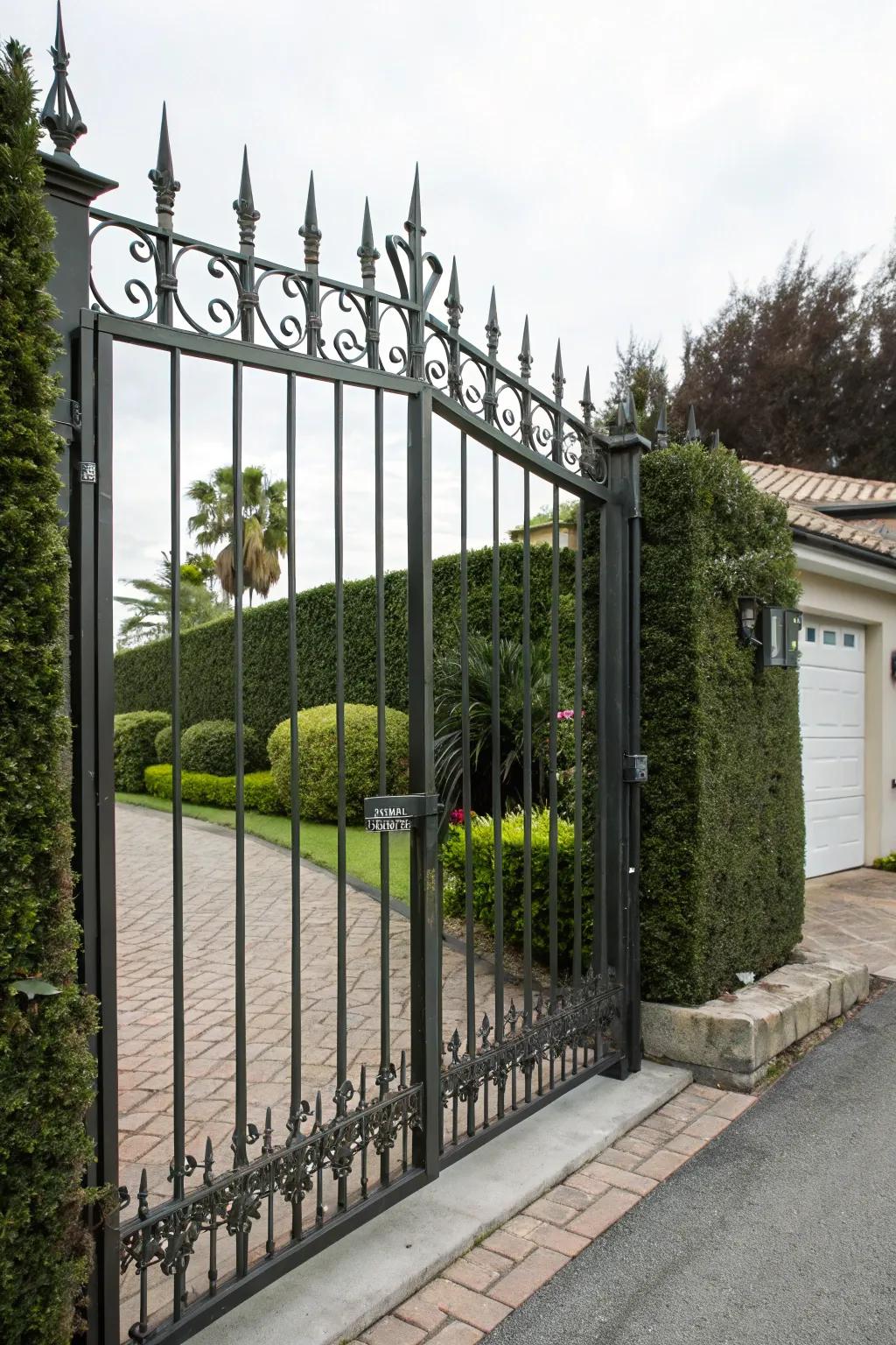 A tall iron gate with spikes for increased security and drama.