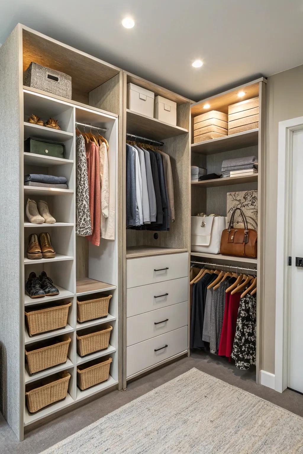 A flexible storage system including drawers, shelves, and hooks.