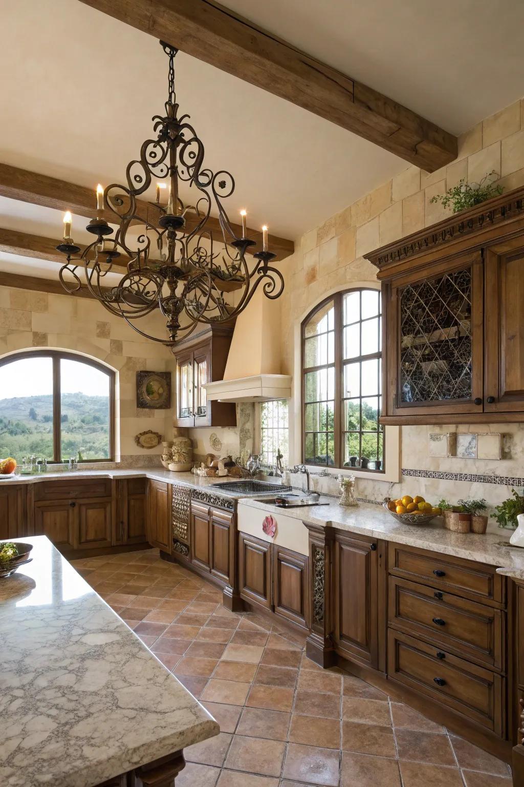 A wrought iron light fixture brings class and old charm.