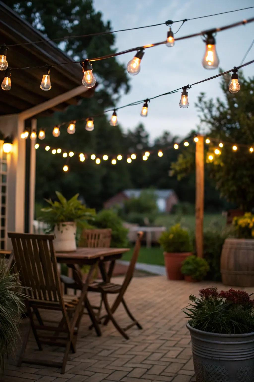 Fairy lights craft a cozy and appealing atmosphere on an Italian patio.