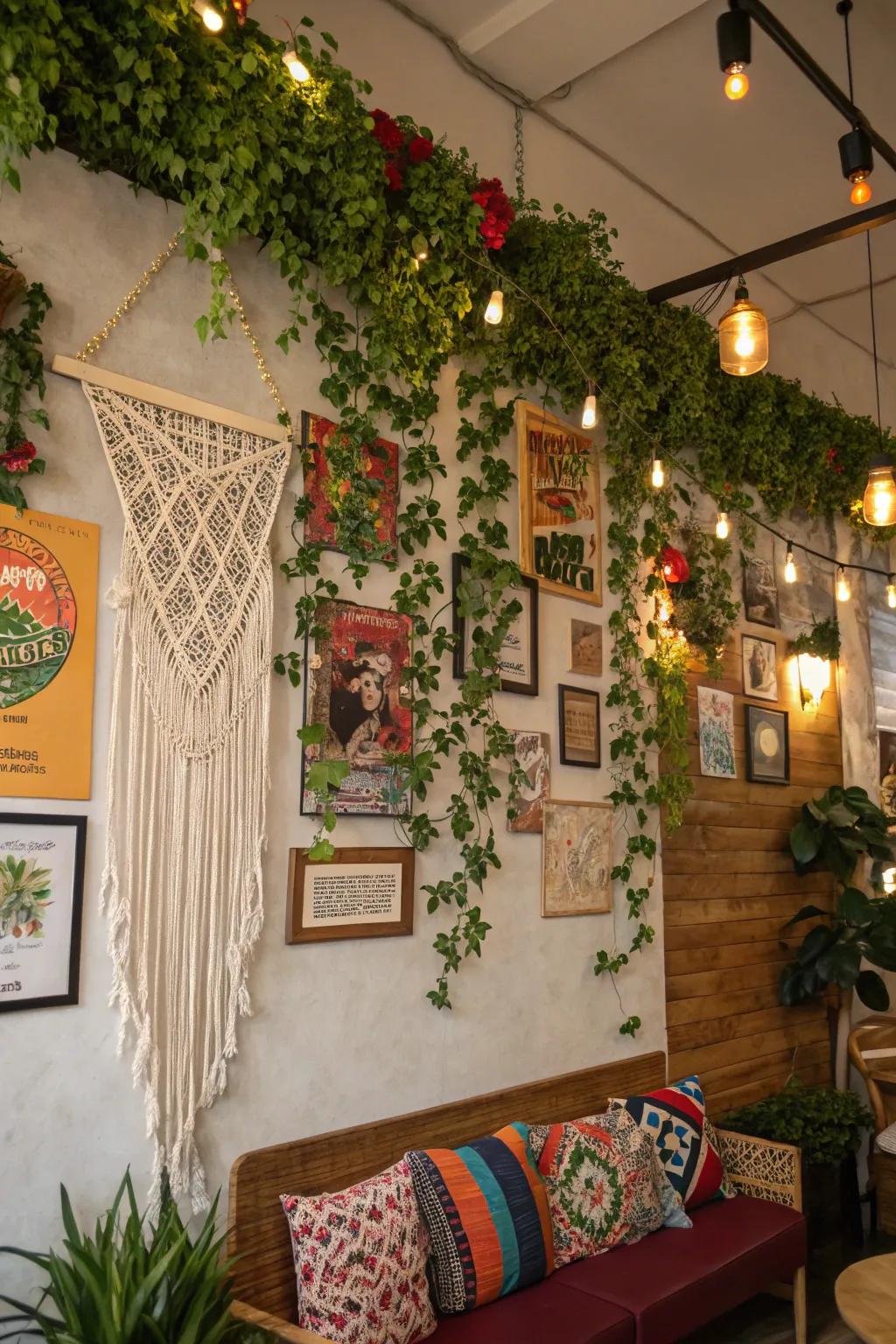A bohemian-style ivy setting with varied ornaments, creating a warm, artistic vibe.