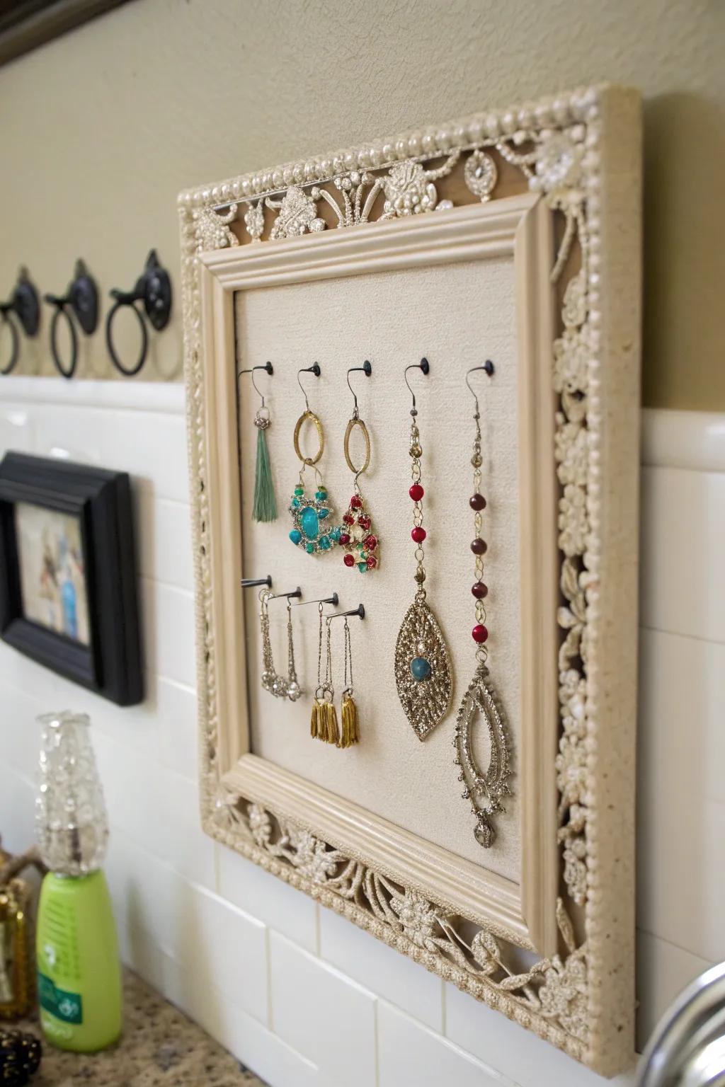 A picture frame turned into an earring display