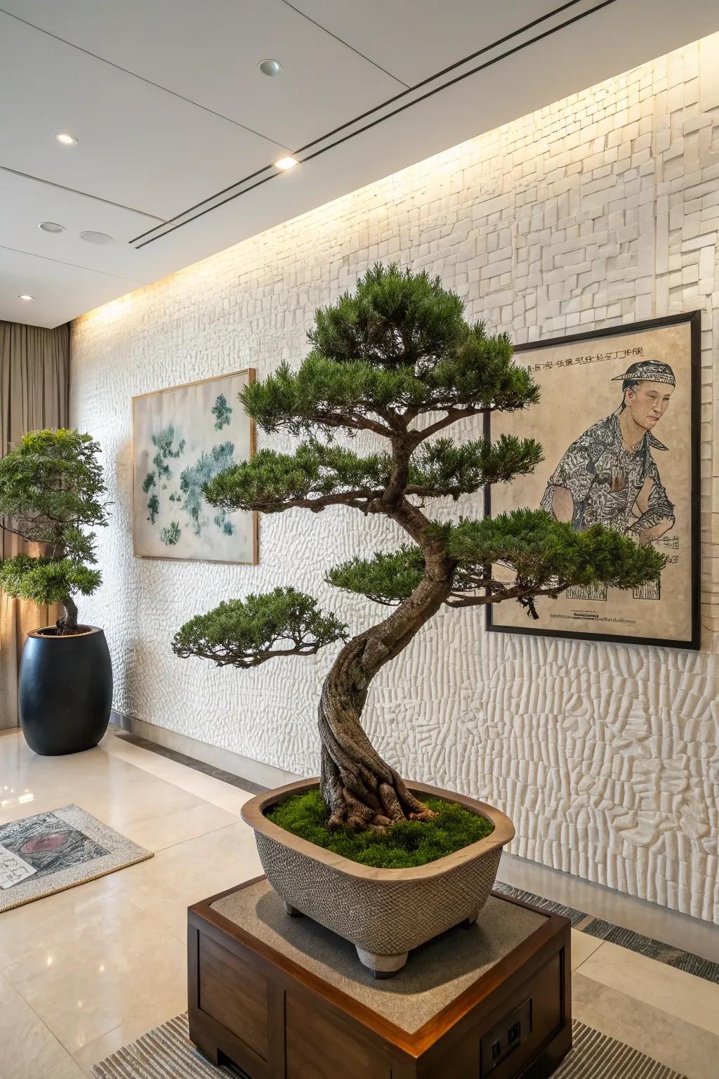 A literati juniper bonsai positioned elegantly against a textural partition within a contemporary chamber.