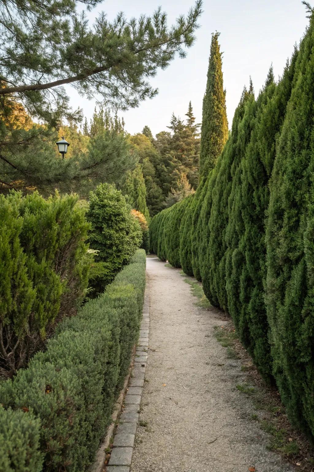 An inviting path through the garden, lined with evergreens