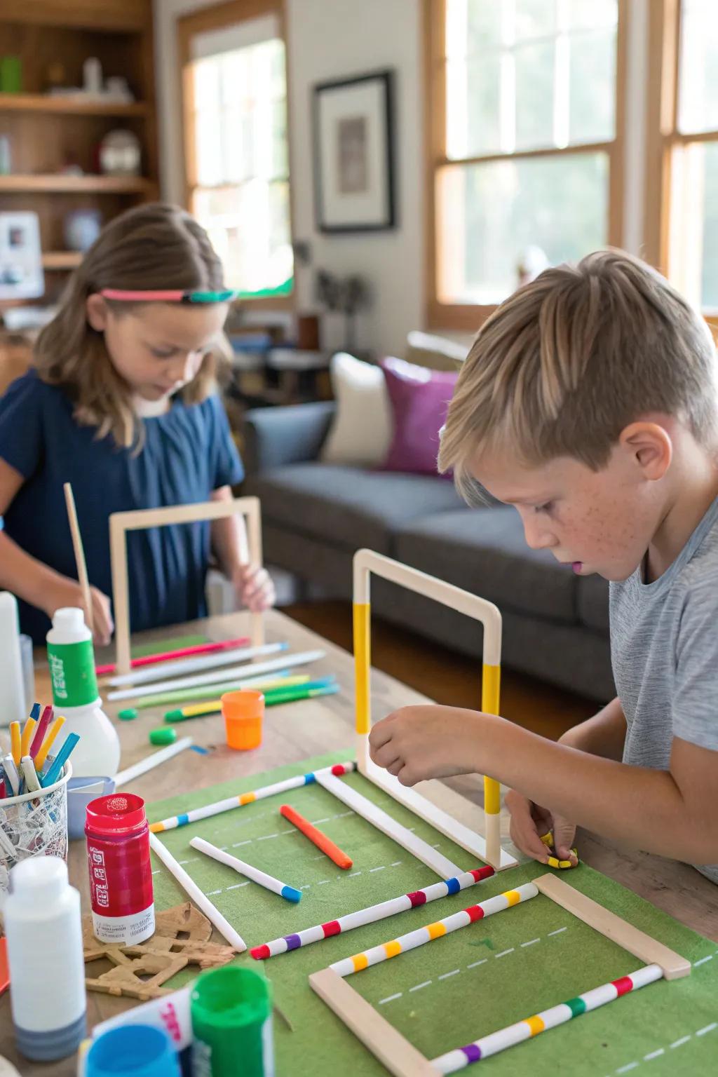 A party activity is kids building miniature uprights.