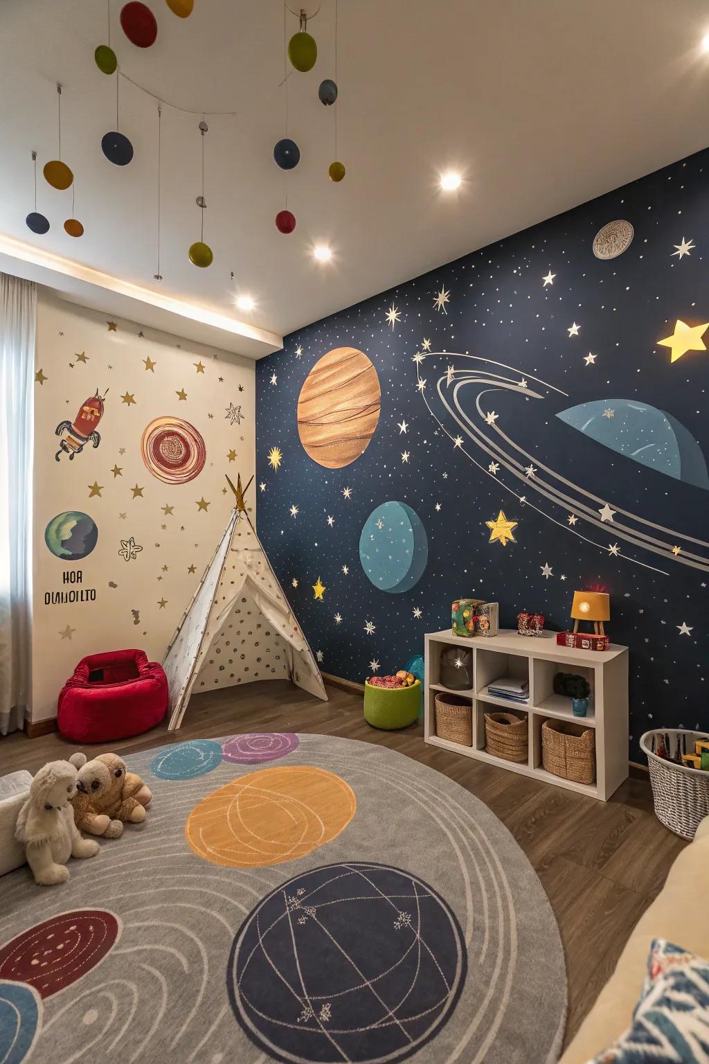 A playroom that takes you on a cosmic voyage with its cosmic-themed wallpaper.