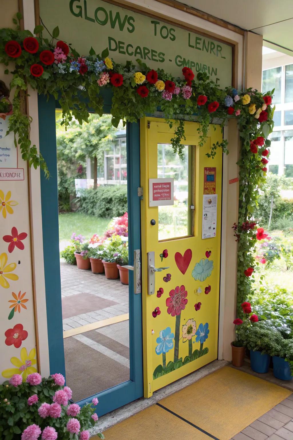 A kindergarten door with burgeoning flora and development-themed embellishments.