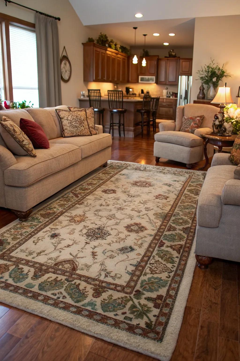 A rug separates zones in an open concept layout.