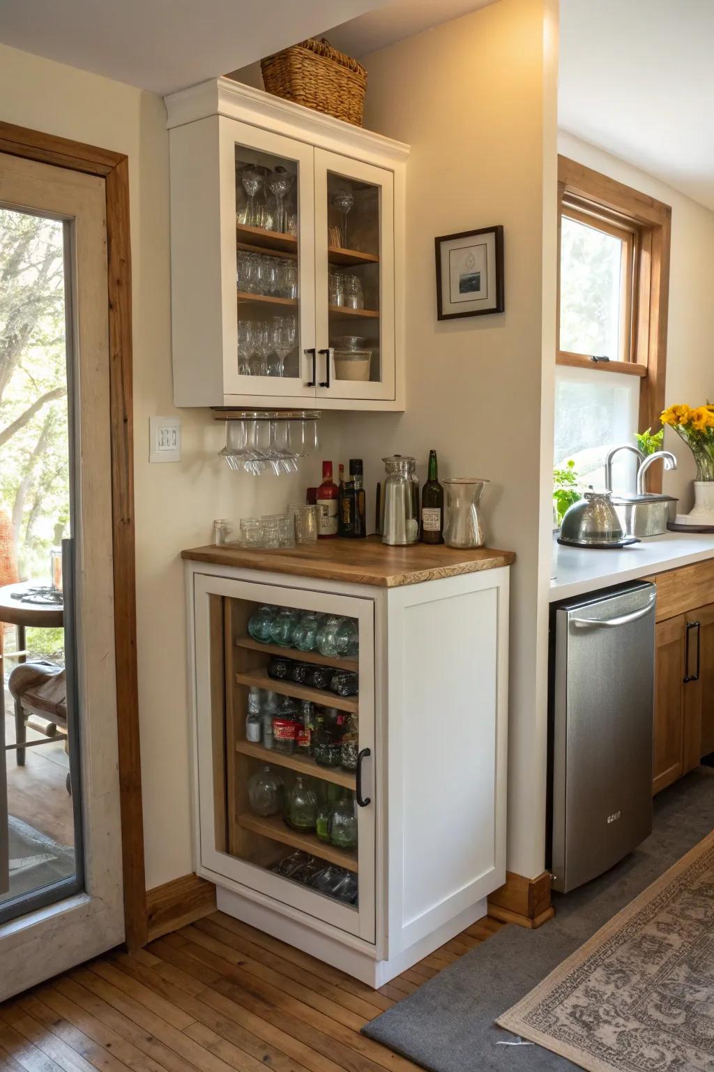A space-efficient compact bar cabinet ideal for smaller kitchens.