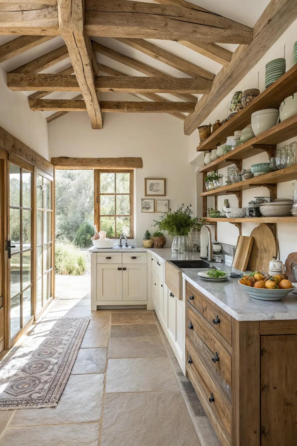 Exposed display areas coupled with supports preserve a sense of space within the kitchen.
