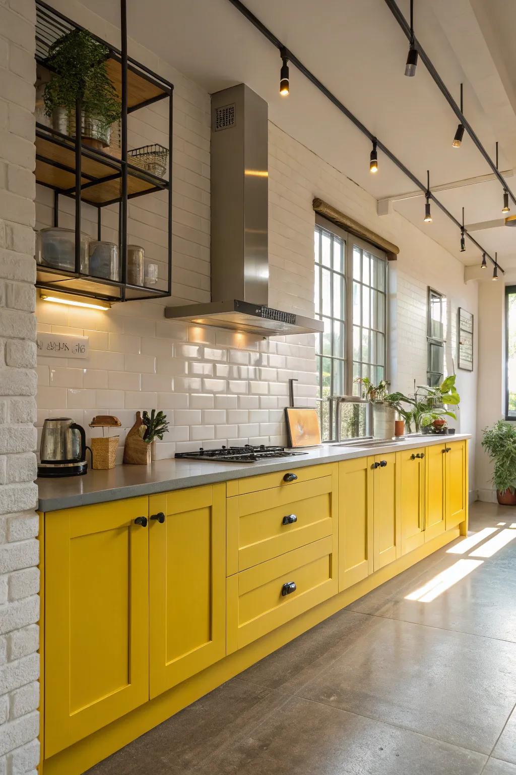 Yellow cabinets brighten up the kitchen with a modern flair.