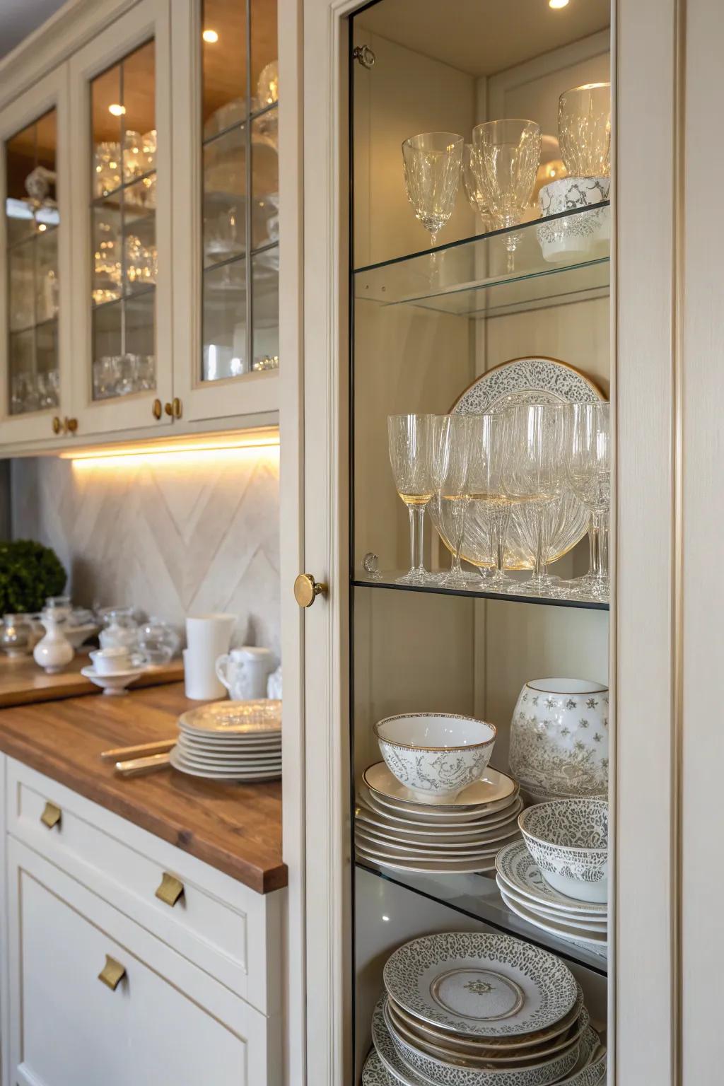 Glass display cabinets blend style with practicality in corner spaces.