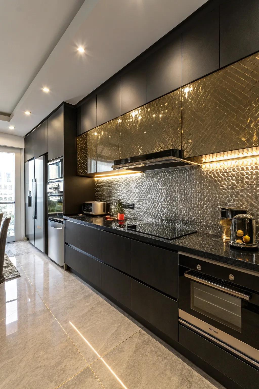 Dramatic elegance with black and metallic contrasts.