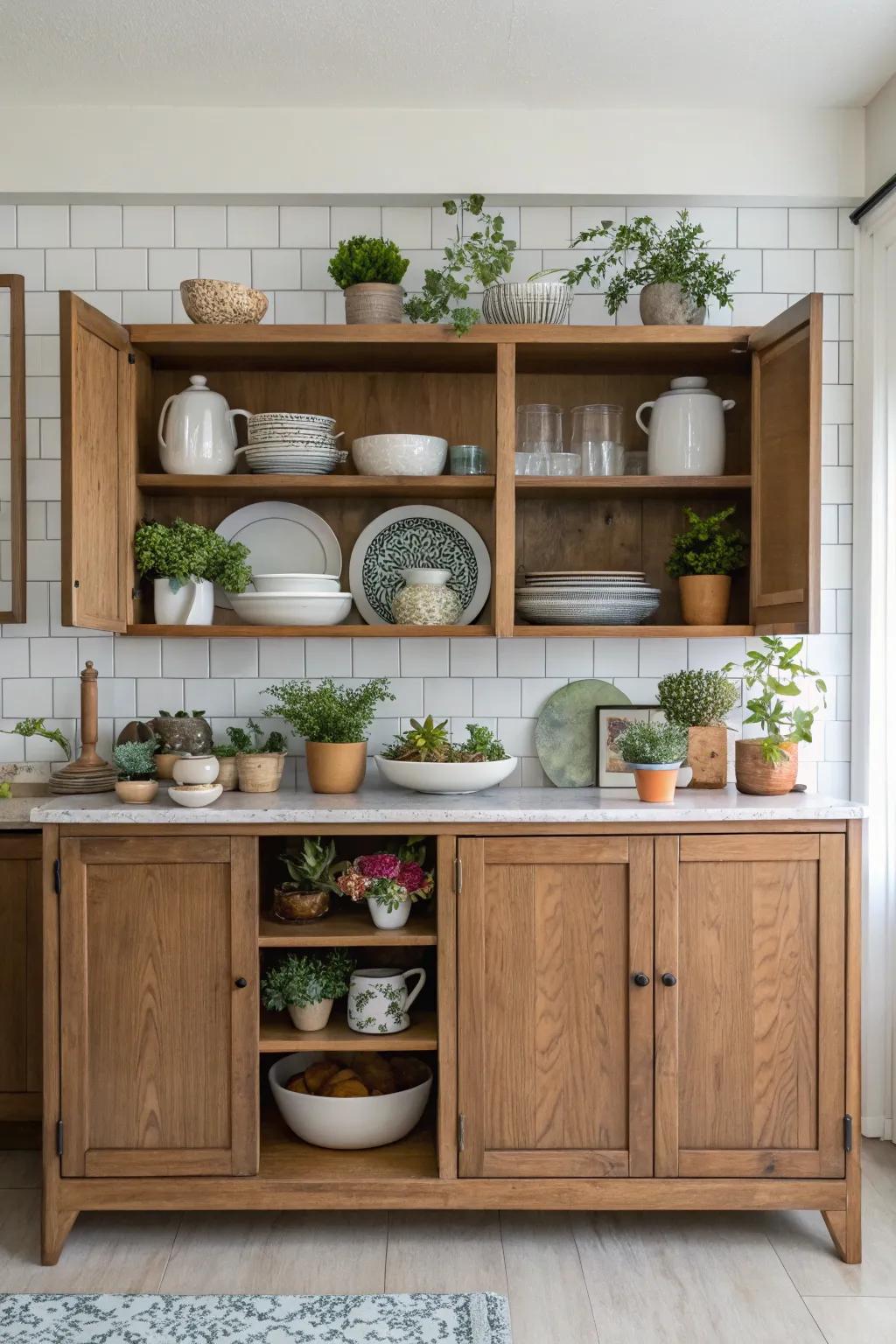 An open display credenza adds a personal and inviting touch to the kitchen.