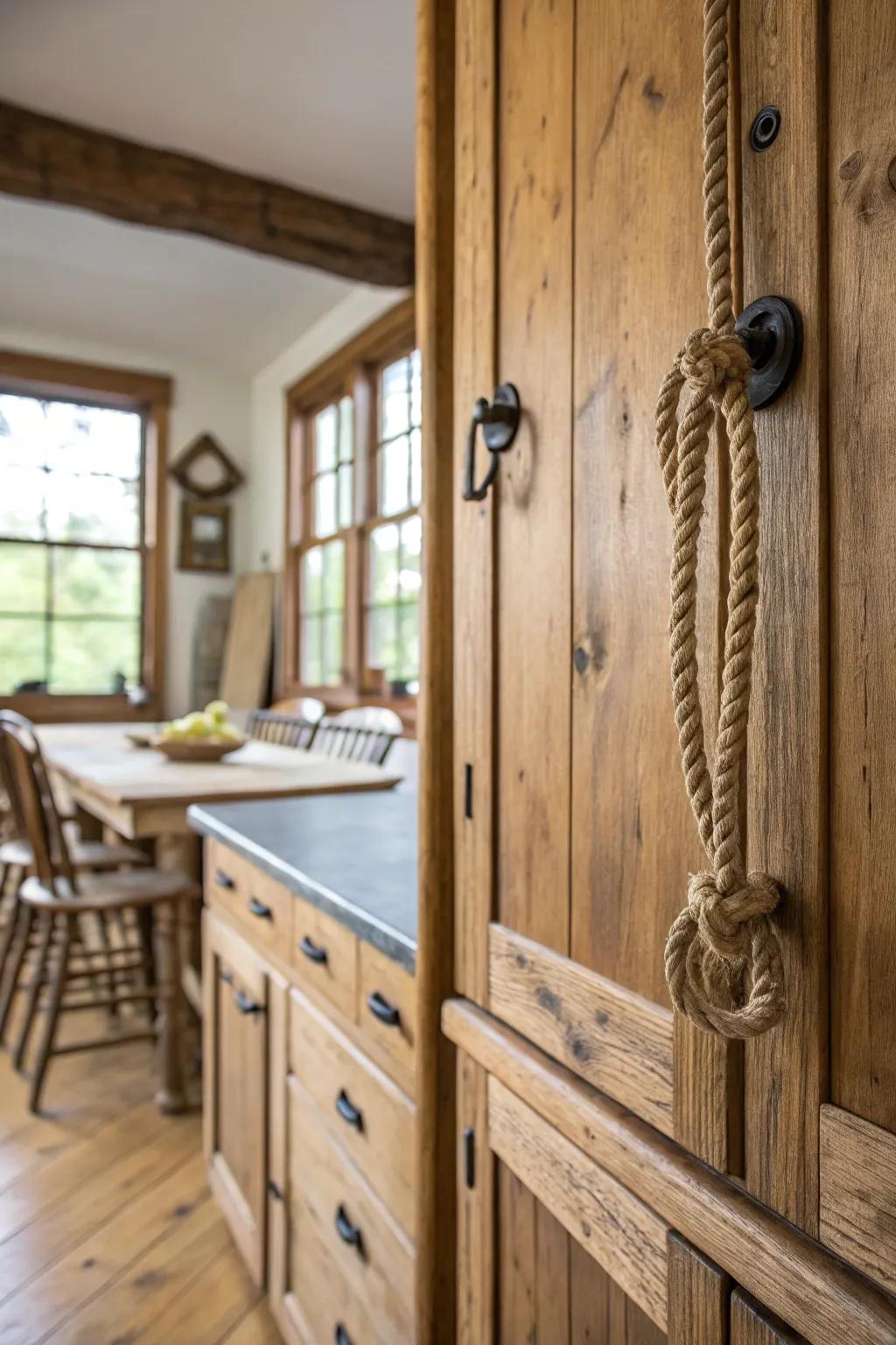 Country fiber pulls that contribute a handcrafted feel to farmhouse kitchens.