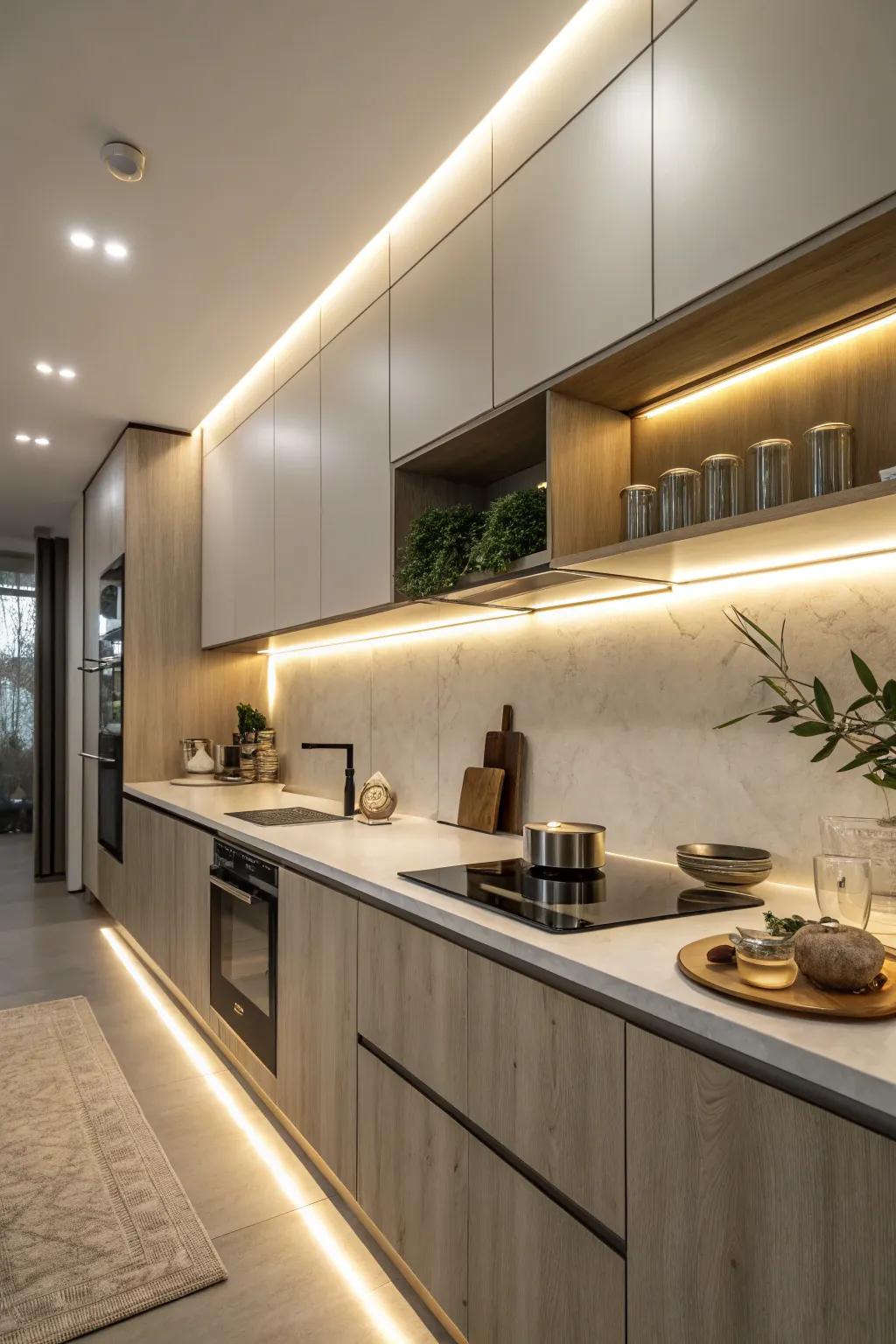 Under-cabinet lighting combines functionality with ambiance.