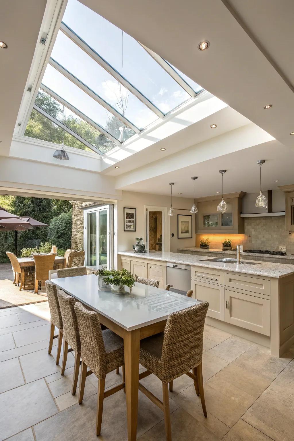 A kitchen island dining table soaked in natural illumination.