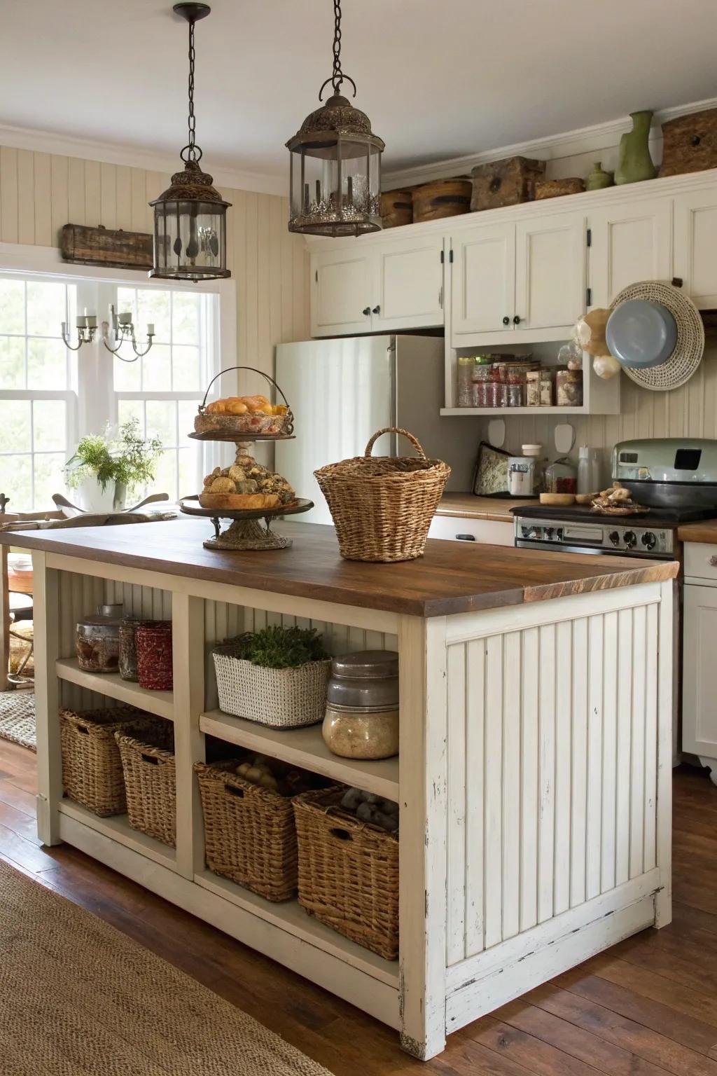 Farmhouse-inspired island with charming grooved board paneling.