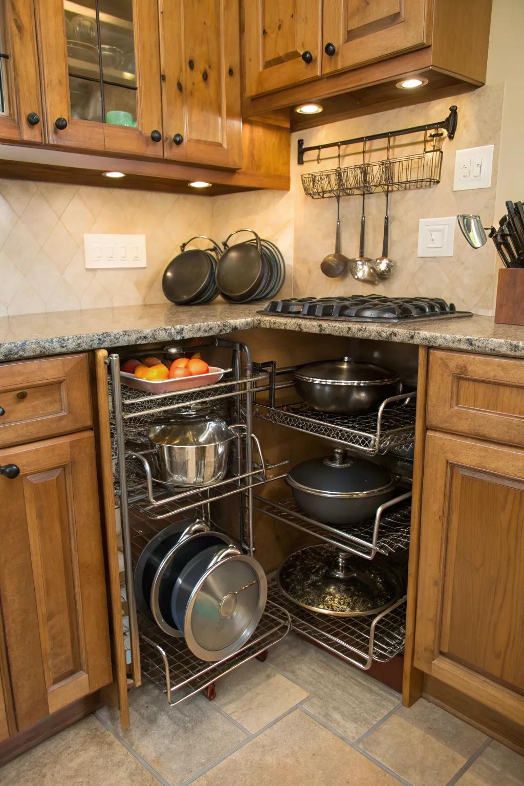 Utilize corner spaces with innovative shelf designs to maximize kitchen storage.