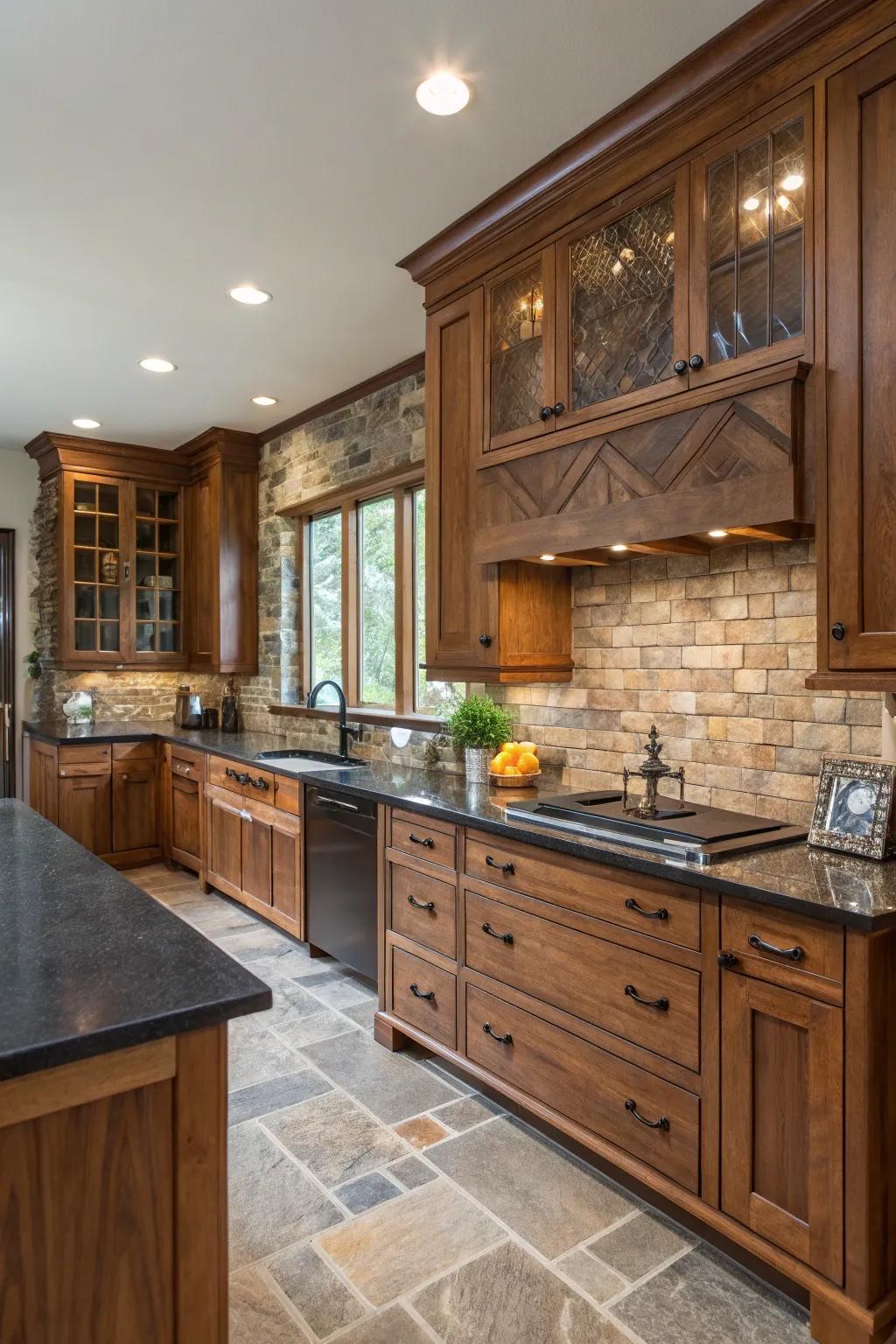 A kitchen displaying a balanced mix of wood and stone textures.