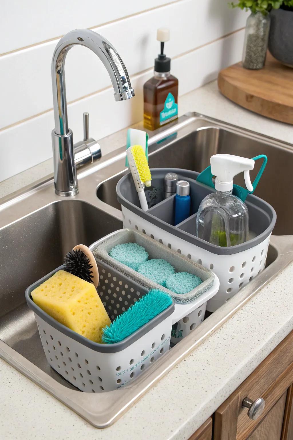 Adaptable organizers offer versatility for different sink sizes.
