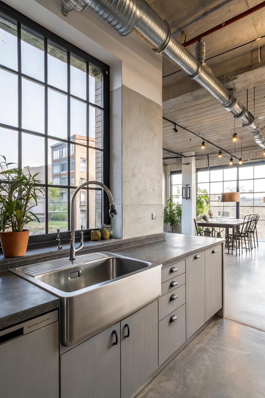 A contemporary cooking area featuring a durable and sleek steel sink.