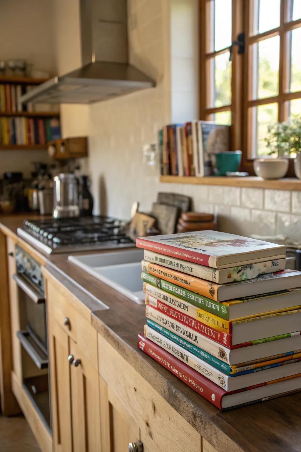 Cookbooks offer both utility and style in kitchen decor.