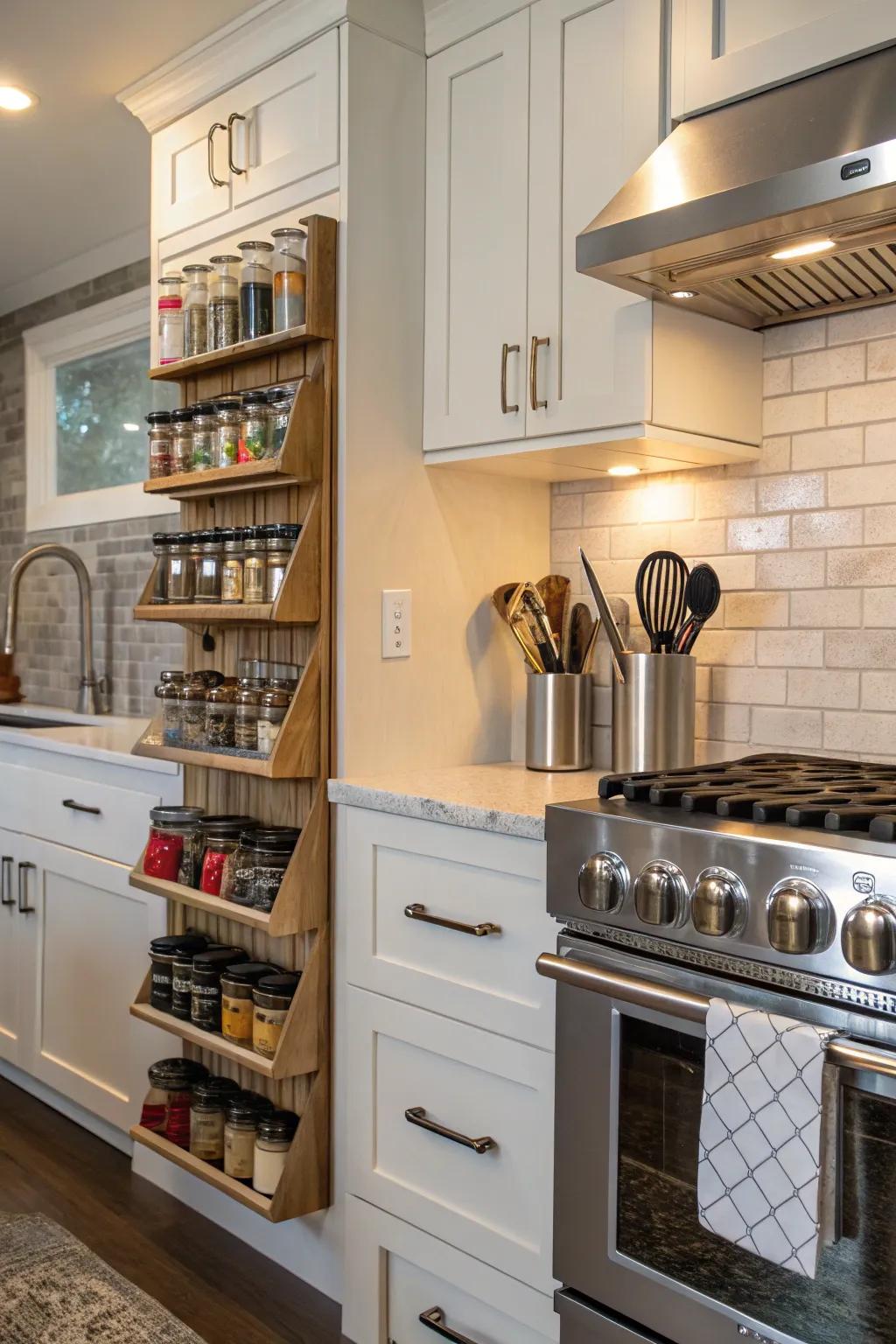 A functional and stylish kitchen features visually appealing spice racks and tool holders.