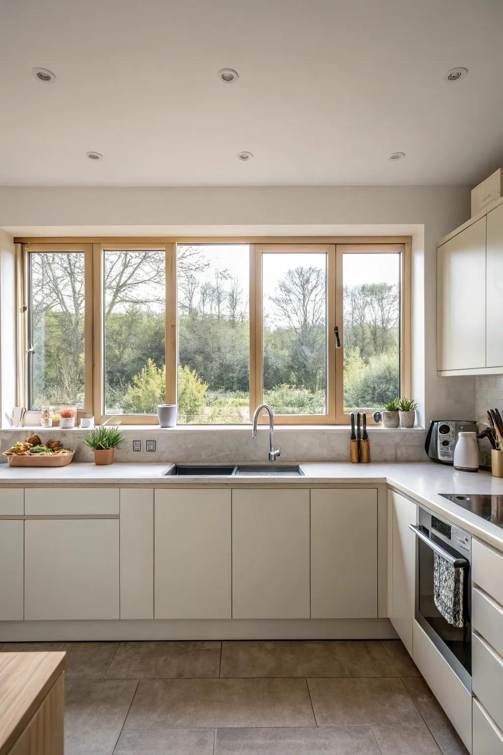 A sleek kitchen featuring broad glide windows.