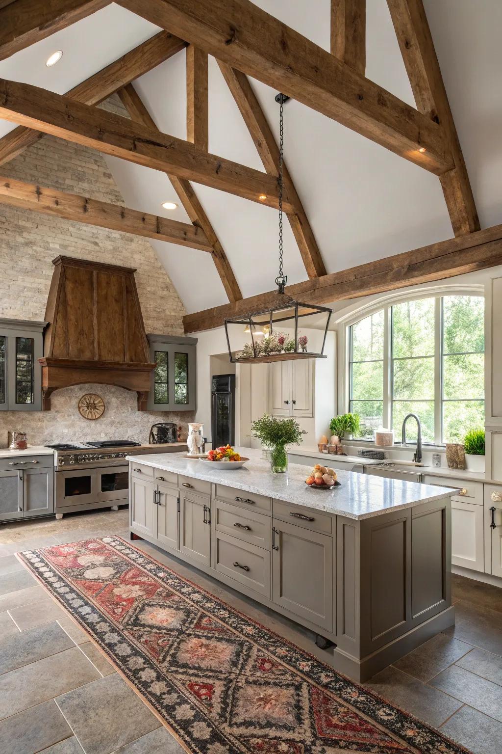 An artful combination of rustic and modern aspects in a vaulted ceiling kitchen.