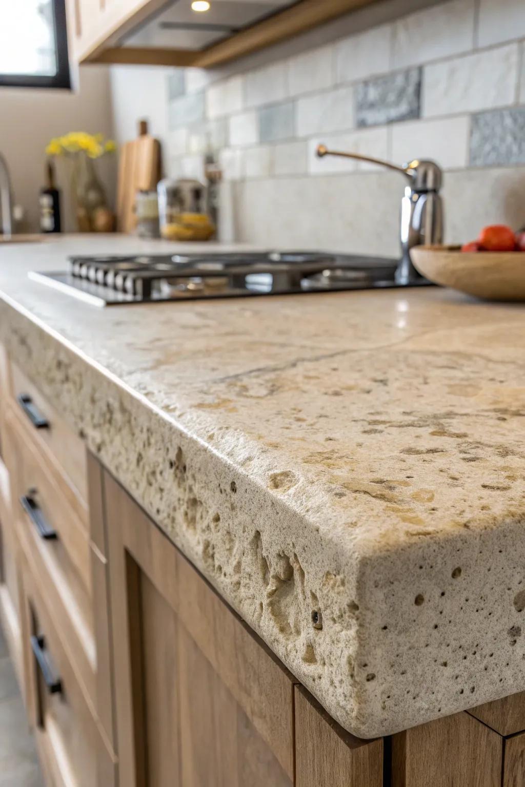 A close-up of textured engineered stone worktops adding richness to the cooking space.